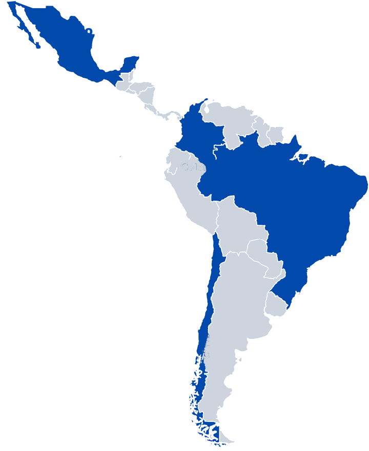 Mapa de América Latina con México, Colombia, Brasil y Chile destacados